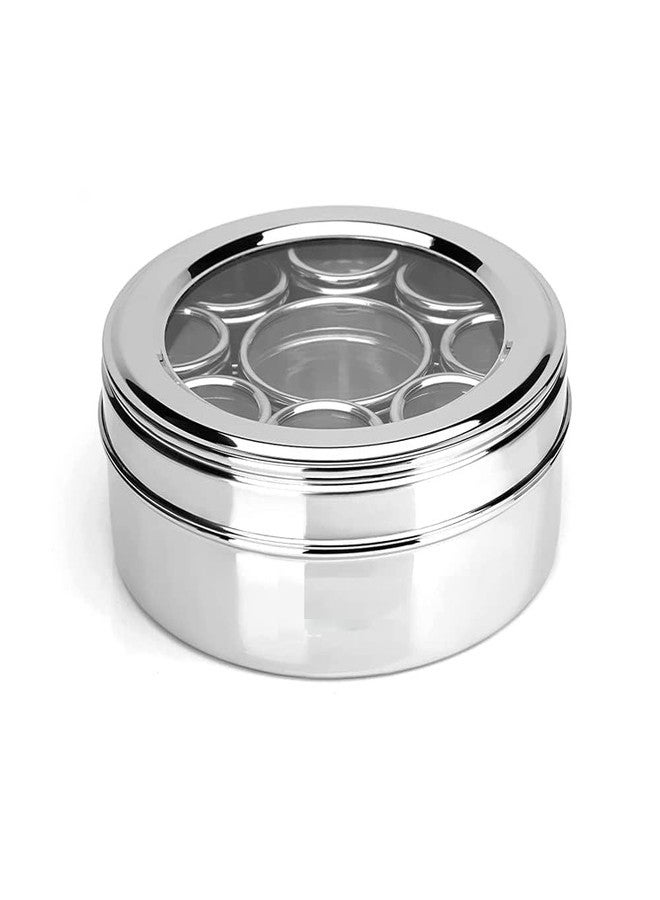 Eddika Stainless Steel Masala box for Kitchen | Spice Box | Masala Dabba with See Through Lid with 9 Containers and three Spoon | Silver (Large) | (Spice box 2.5 Ltr) - Image 1